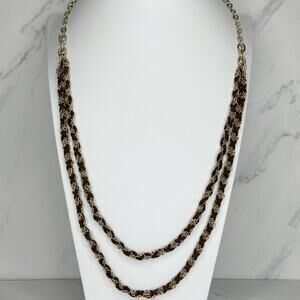 Brown Woven Draped Gold Tone Chain Link Necklace